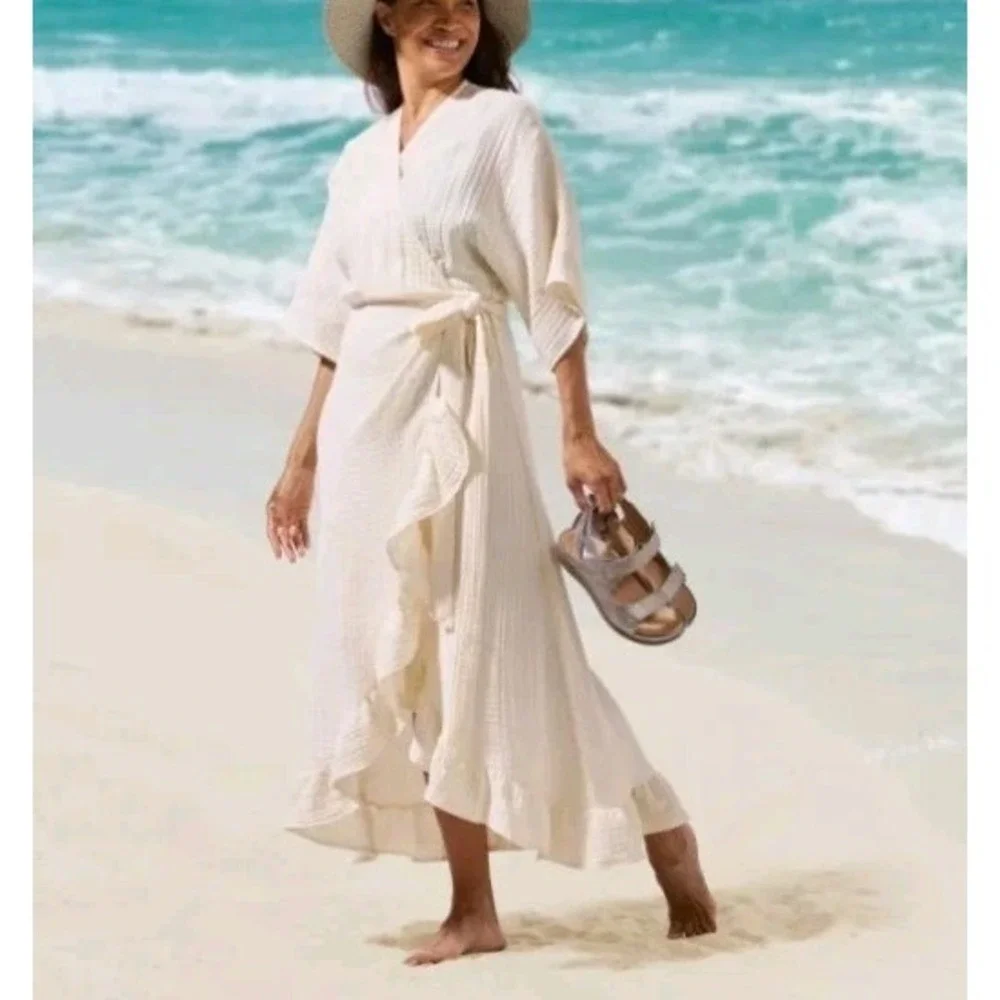 Hammacher Schlemmer UPF 30 Turkish Cotton Cover Up Wrap Dress Ecru Womens S/M - Picture 1 of 13